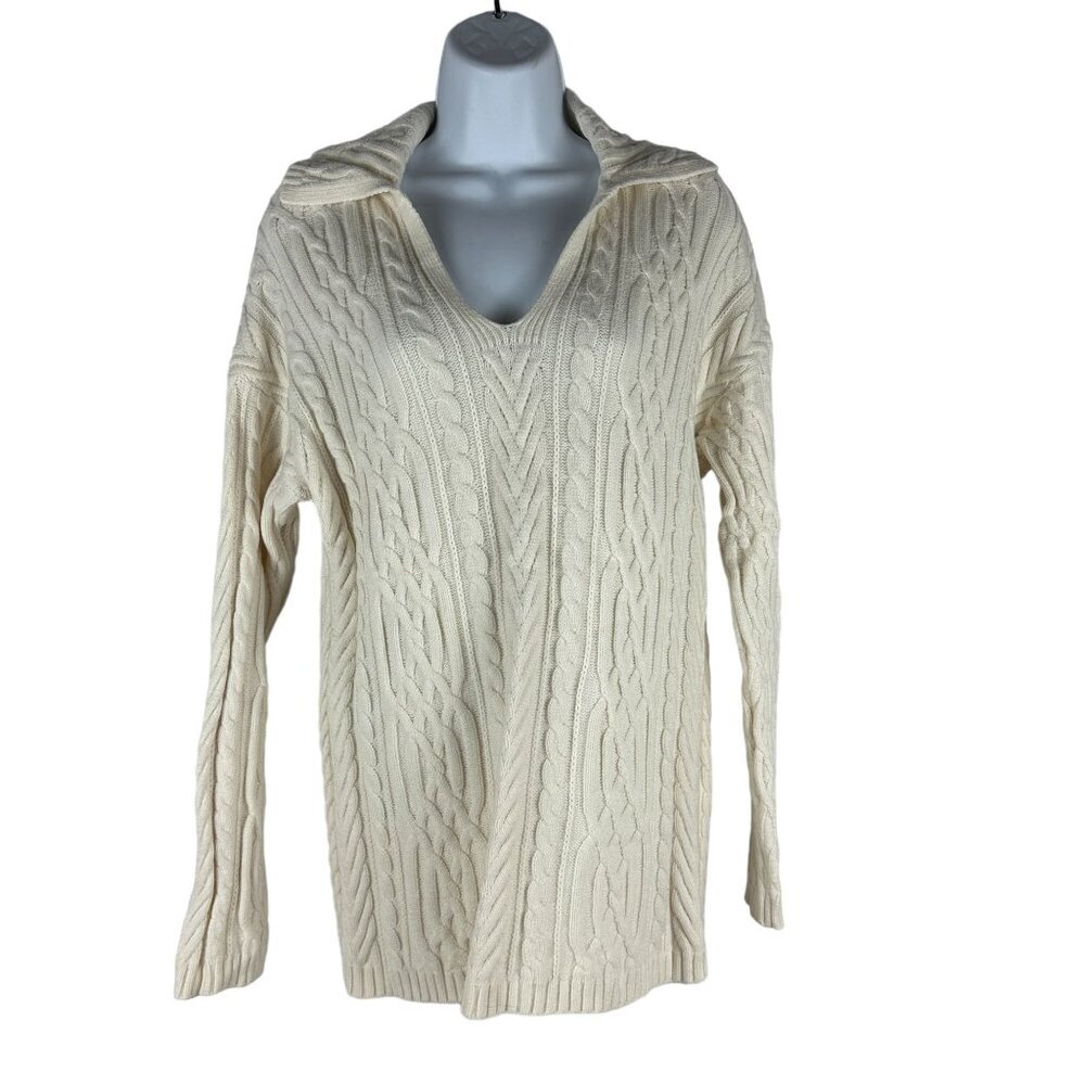 J. Jill Womens Ivory Cable Knit Sweater V-Neck Pullover Medium